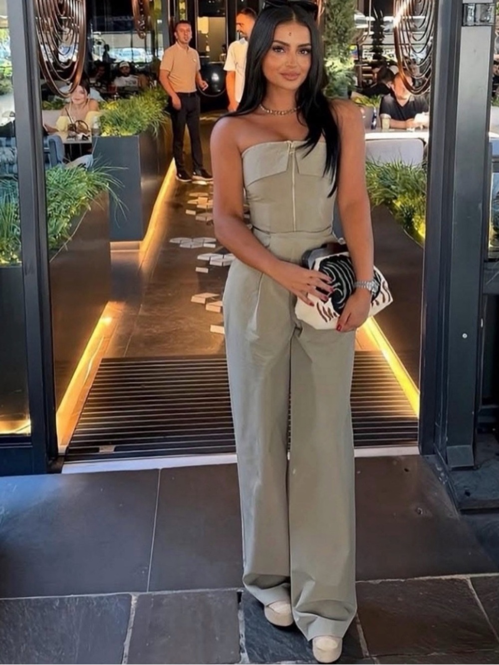 Zara khaki tan strapless tube top zip up wide leg jumpsuit L